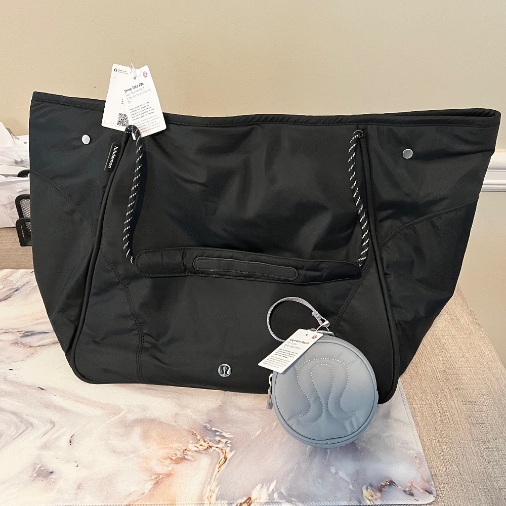 Lululemon Snap black tote , gray puffy logo coin cosmetic pouch bag